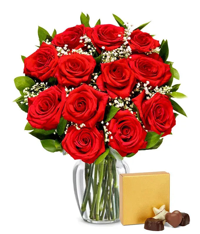 One Dozen Red Roses with Chocolates