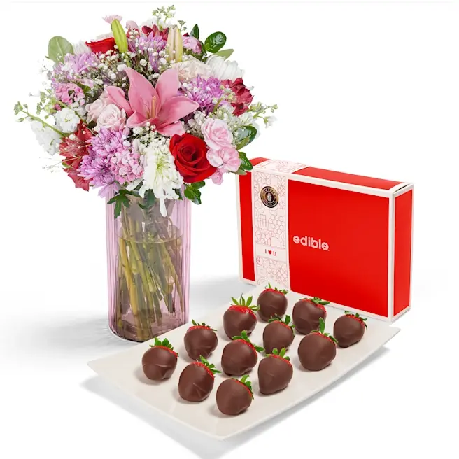 Valentine's Day Vibrant Flowers & Strawberries Gift Set